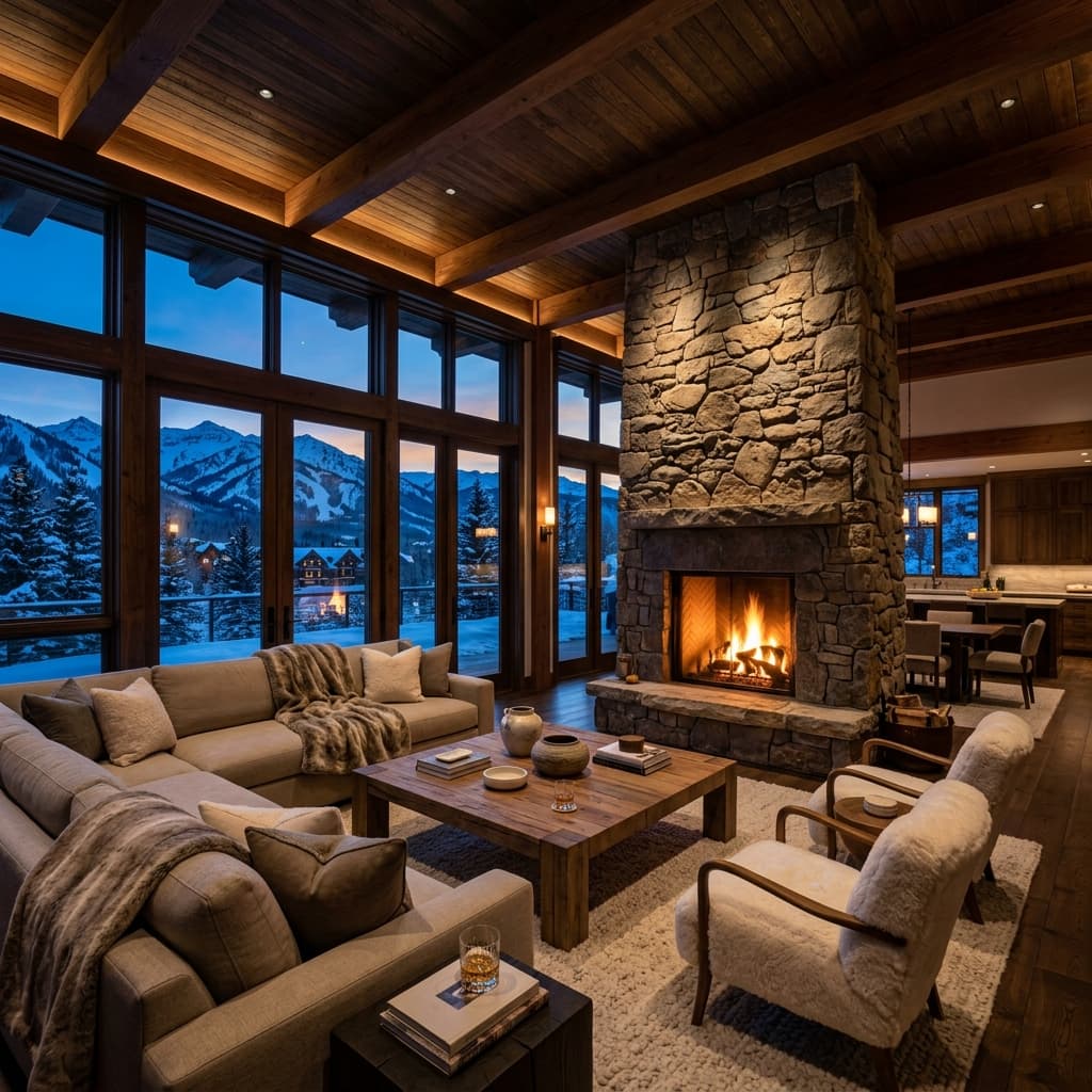 Ultra-luxury Aspen mountain estate interior at dusk with Maroon Bells view